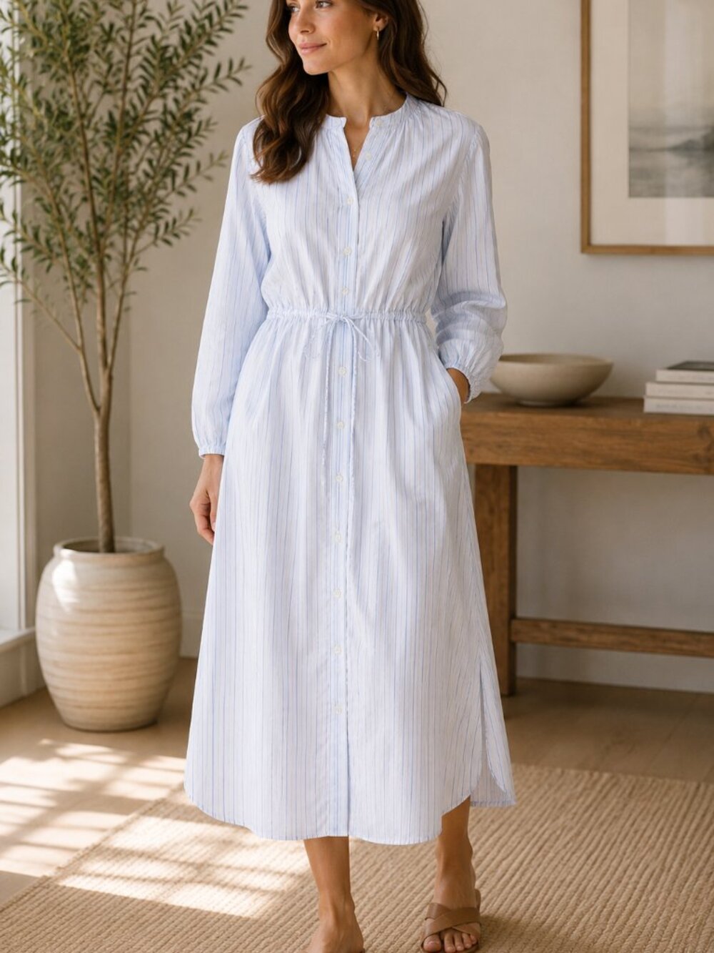 J. Crew Blue White Stripe Organic Cotton Voile Midi Shirtdress Tie Waist 4